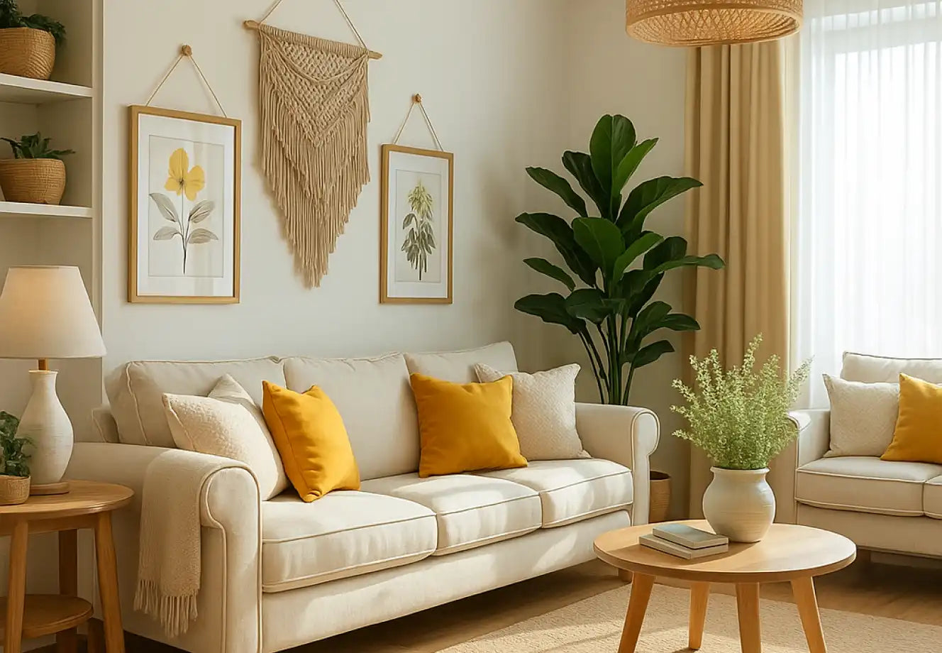 Neutral-toned living room decor with mustard cushions, rattan pendant light, indoor plants, and wooden furniture in natural daylight.