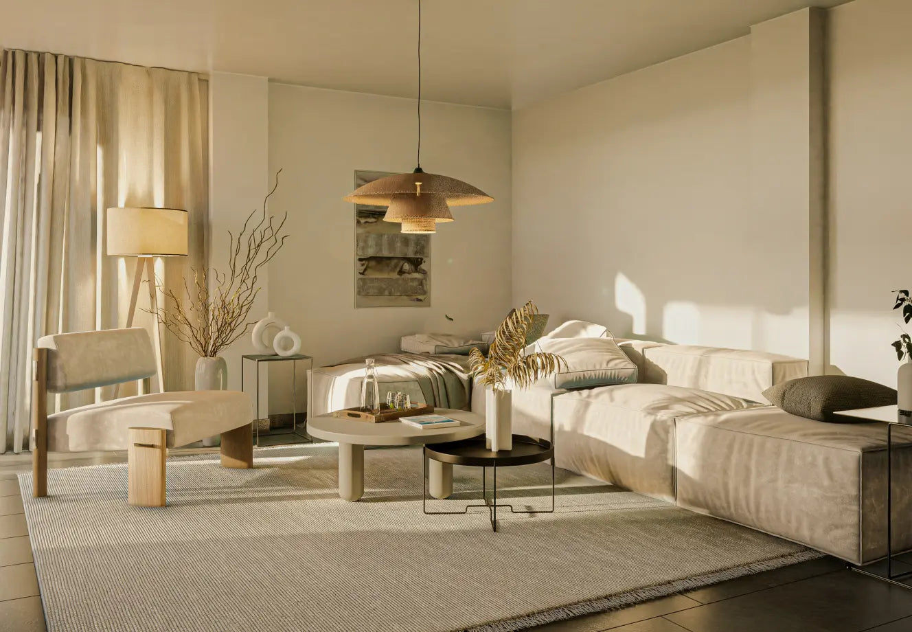 Modern rented home with soft lighting, minimal furniture, and cozy textures