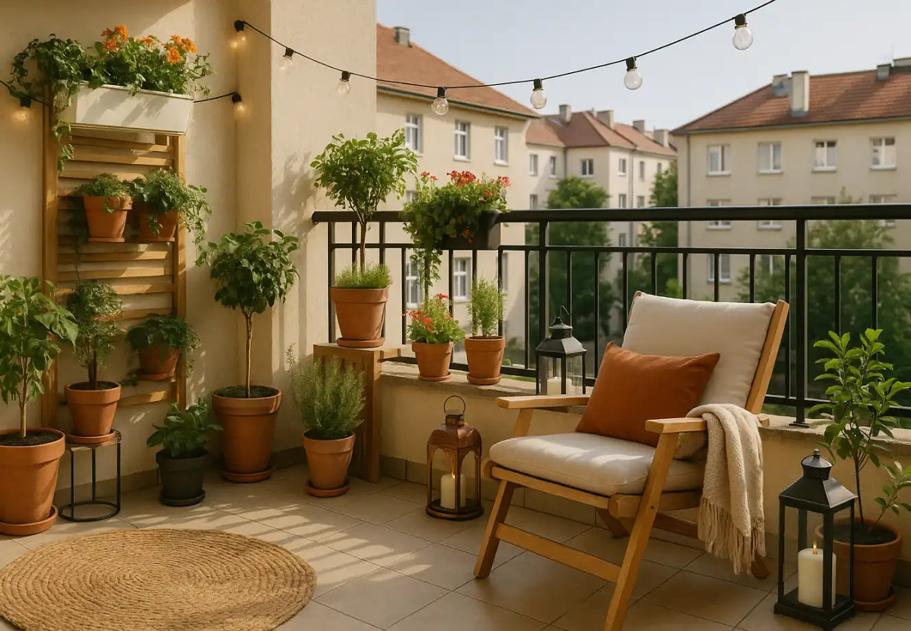 Vibrant balcony with vertical garden, terracotta pots, string lights, and wooden armchair, perfect for plant styling ideas.