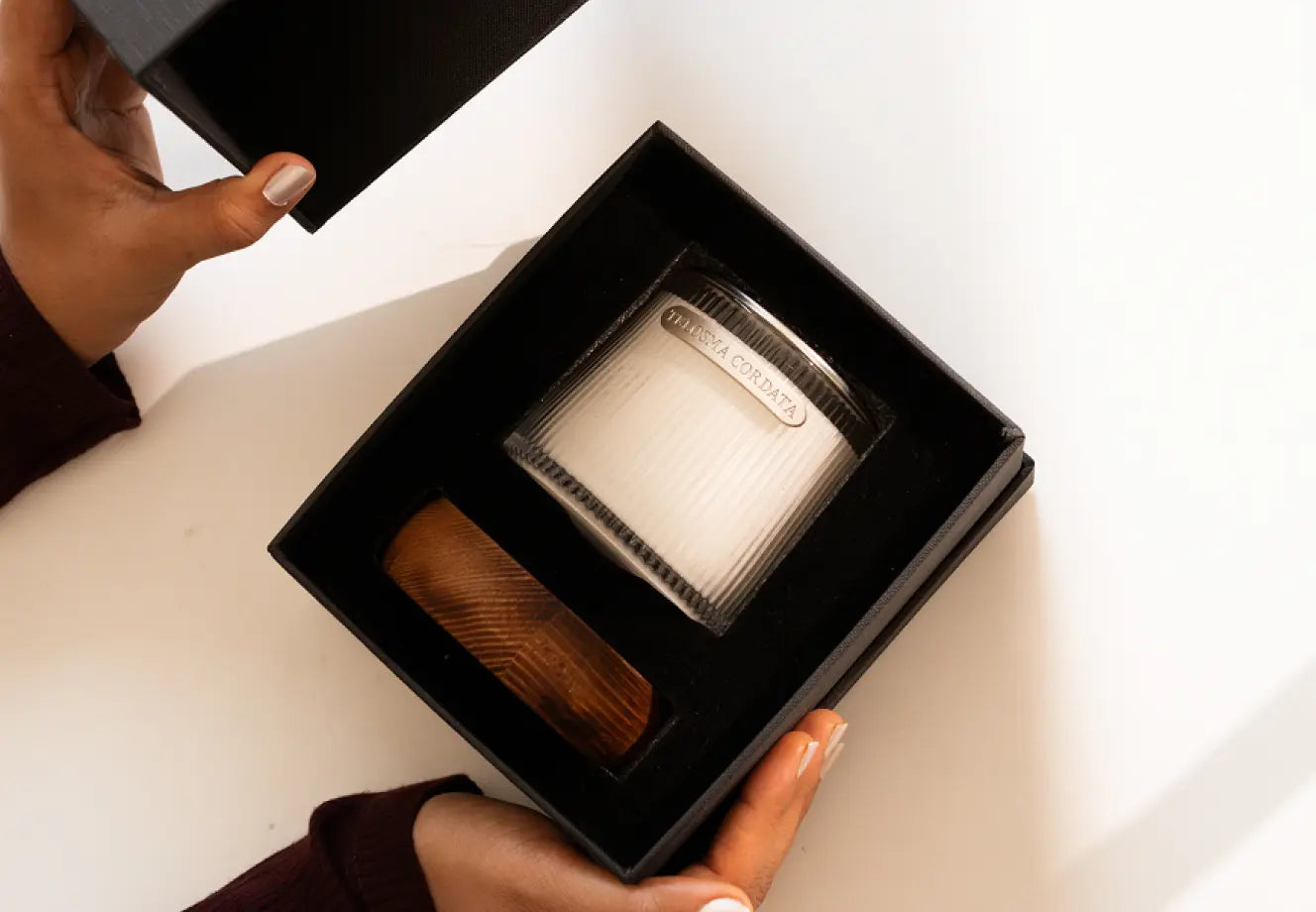 Luxury Diwali gift box with scented candle and wooden holder, perfect home decor gift idea for festive season