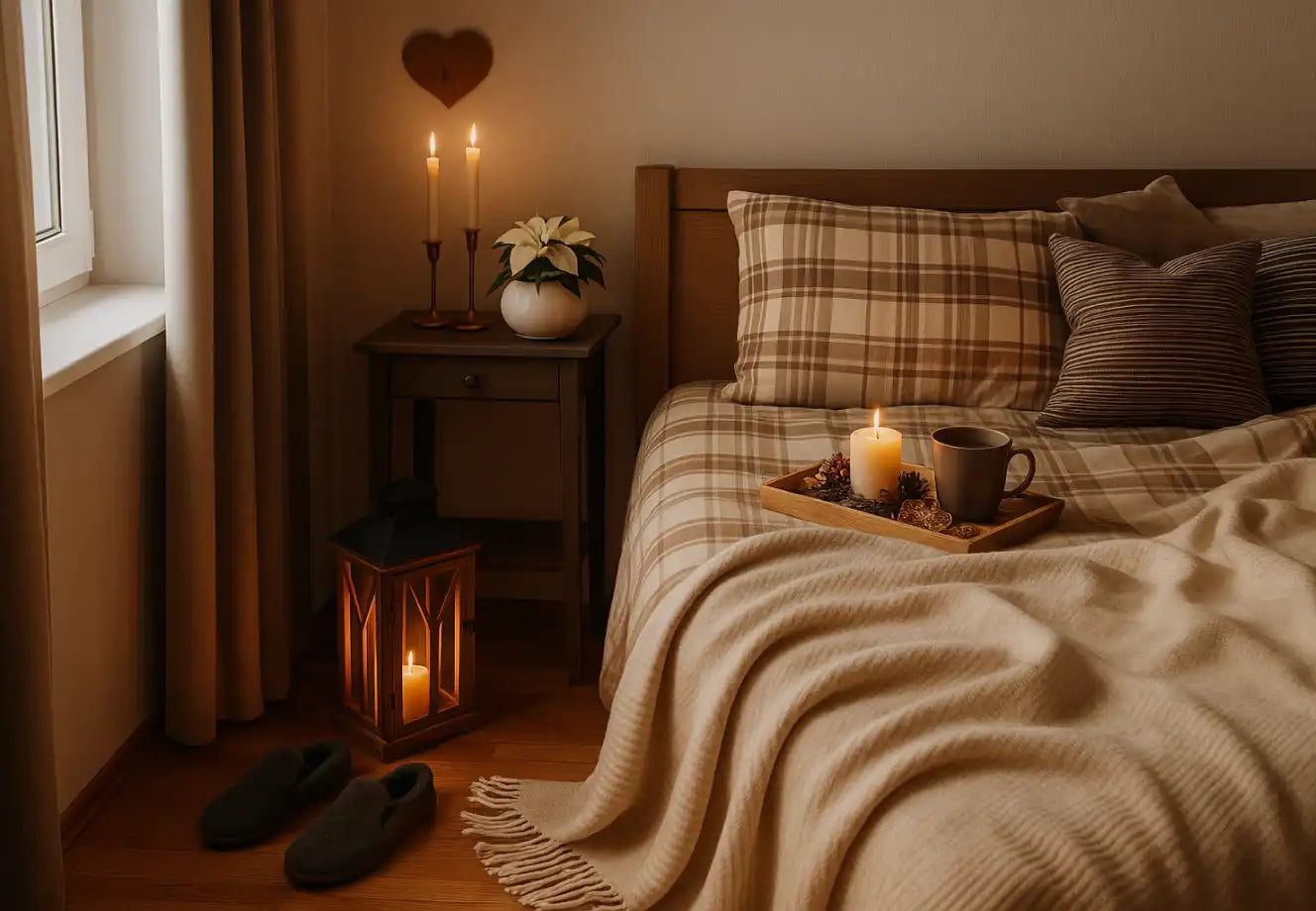 Layered textured throw on soft cream bedding for a warm, cozy bedroom setup.