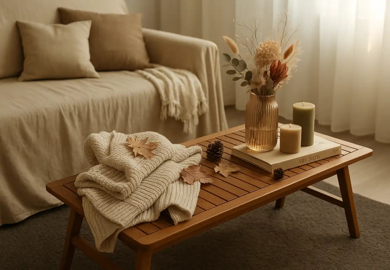 Cozy living room with knit throw, candles, and dried flowers on a wooden coffee table in warm earthy tones.