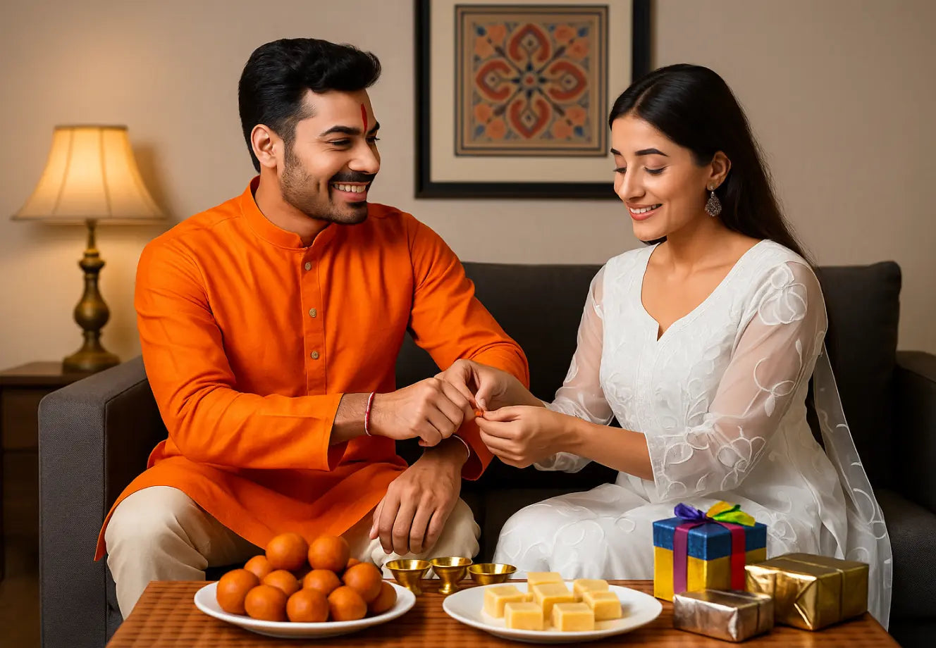 Sister tying Rakhi on brother's wrist, surrounded by sweets and thoughtful Rakhi gift ideas in home decor.