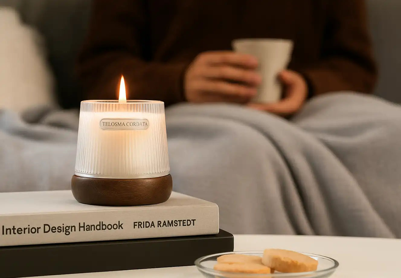 Premium scented candle lit on a book stack beside tea, setting a calming cozy ritual.