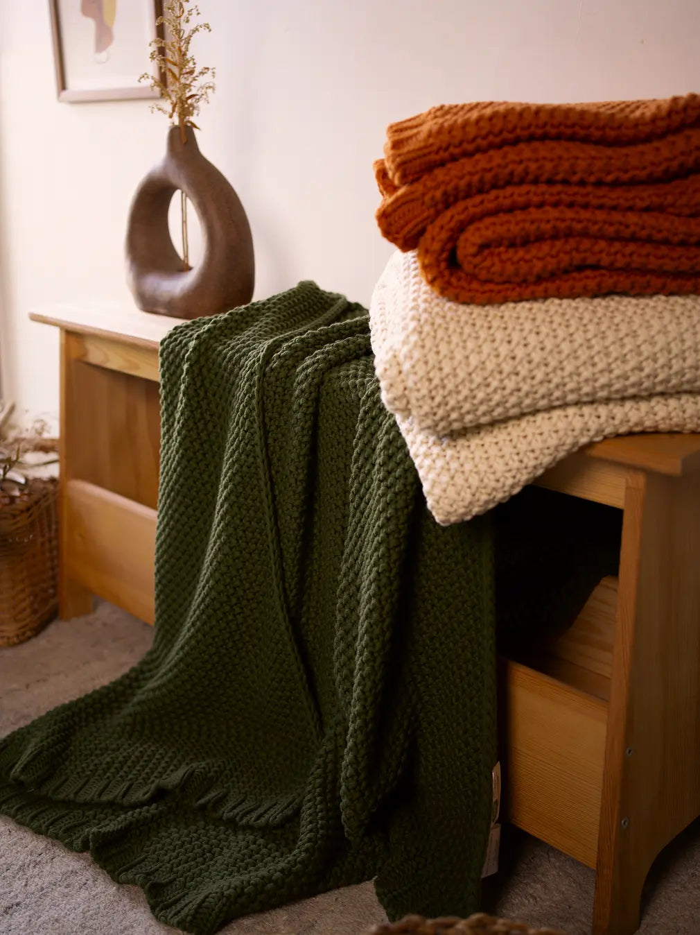 Alpine Cotton Knitted Throw- Green