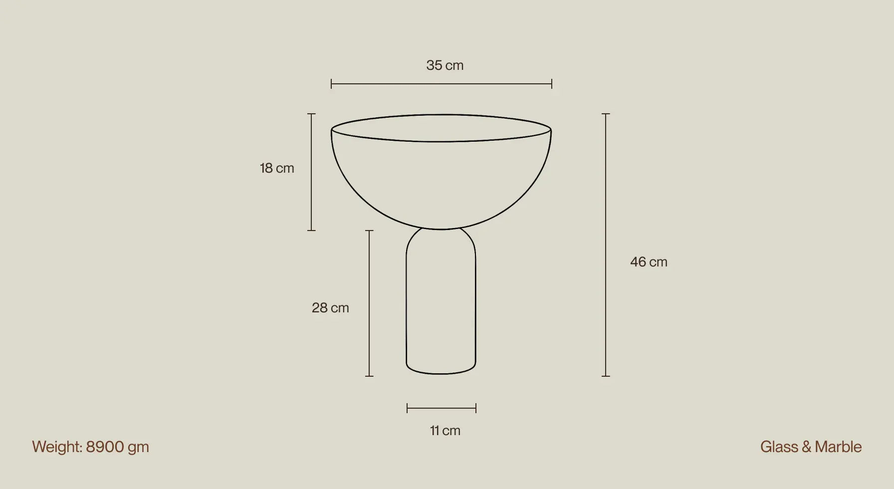 Dimensional graphic of Arc Marble Table Lamp showing height, width, weight, and material details.