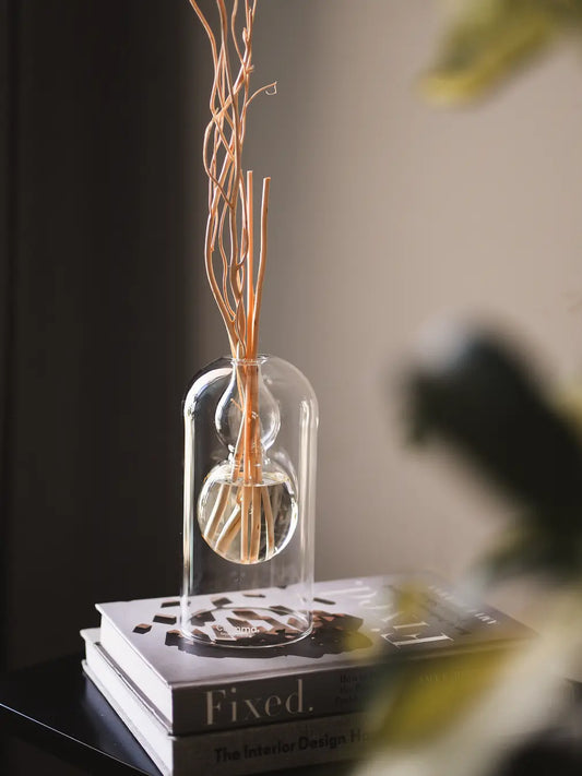 Calmma Glass Reed Diffuser with natural rattan reeds placed on stacked books, diffusing fragrance elegantly.