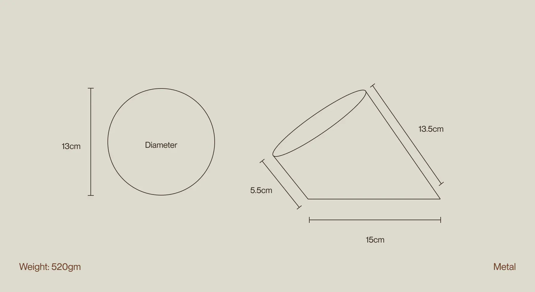 Horizon Metal Table Clock dimensions diagram showing 13 cm diameter, 15 cm base, and 520g weight