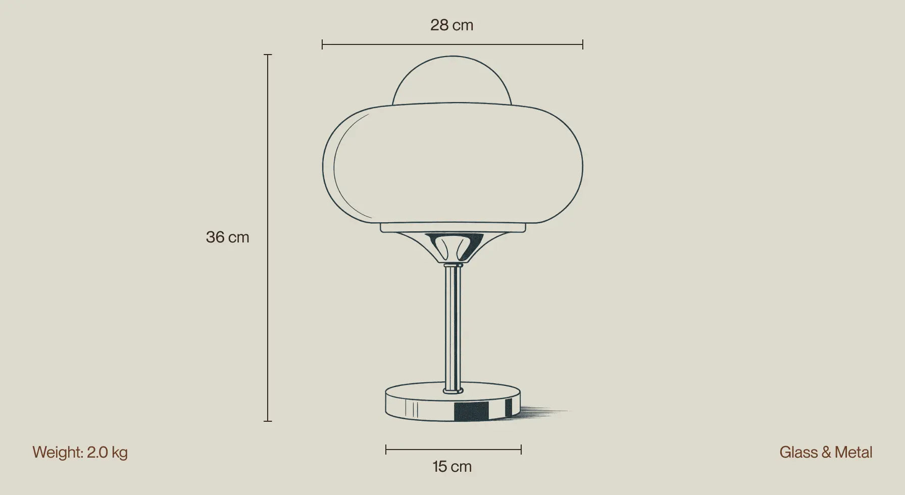 Measurement chart of a Dawn glass table lamp with dimensions and material details on a beige background