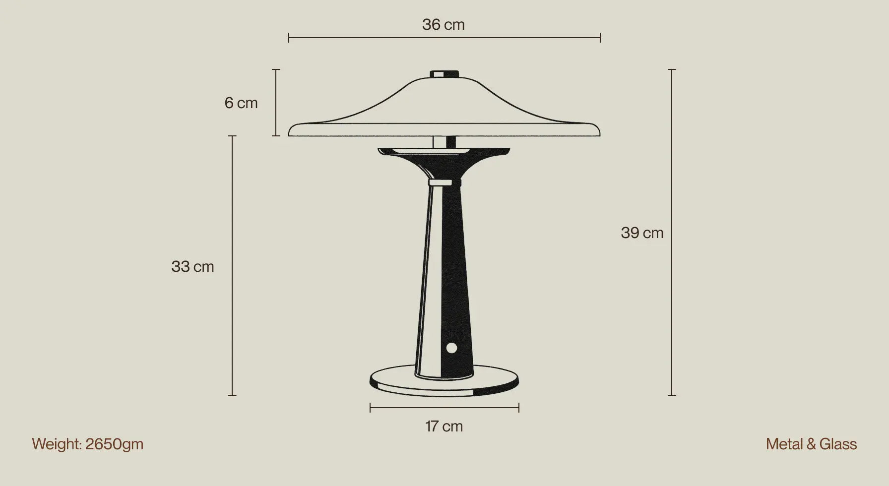 Technical drawing of Disc Glass Table Lamp showing dimensions, weight, and build material