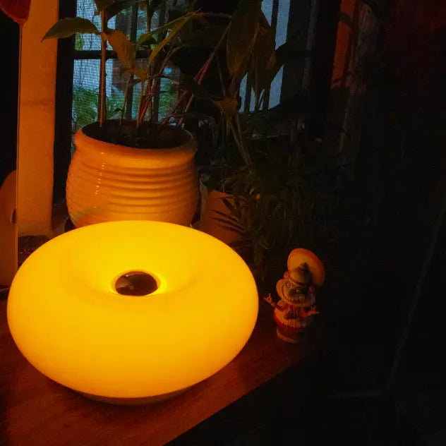 Donut orange lamp on a surface with plants in the background