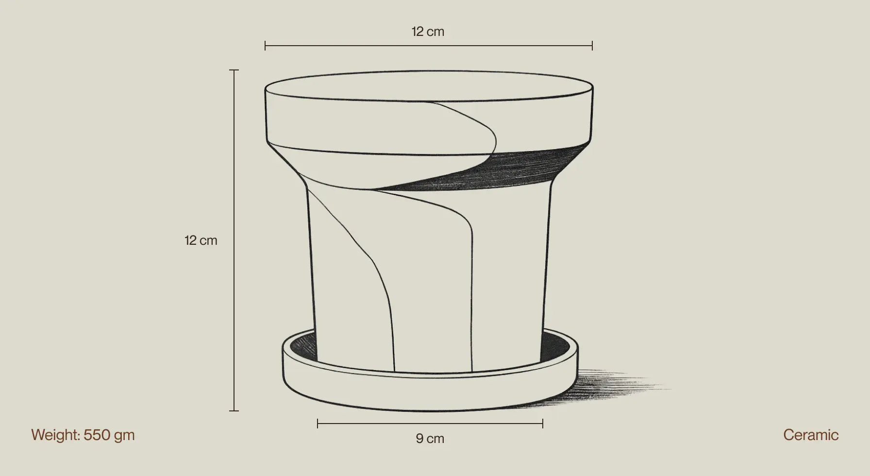 Dimension diagram of Dune ceramic pot with height, width, and material details.