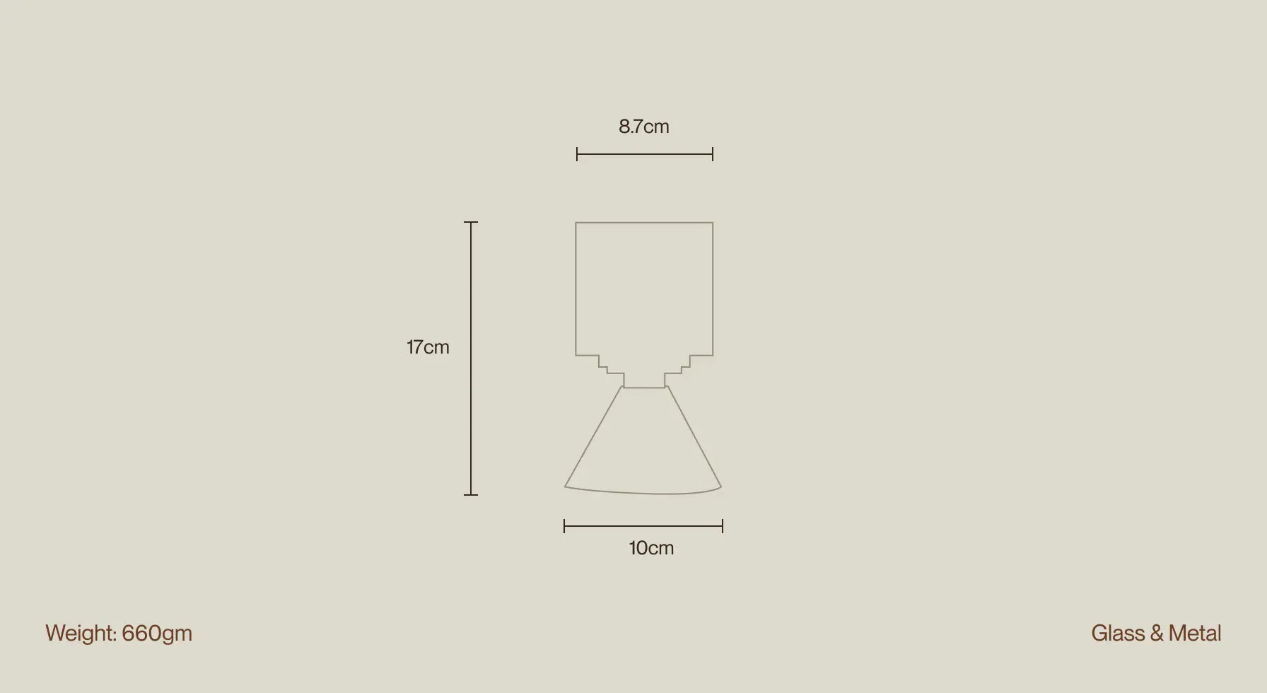 Dusk Table Lamp dimension diagram with 17cm height, 8.7cm width, 660g weight, and glass-metal construction.