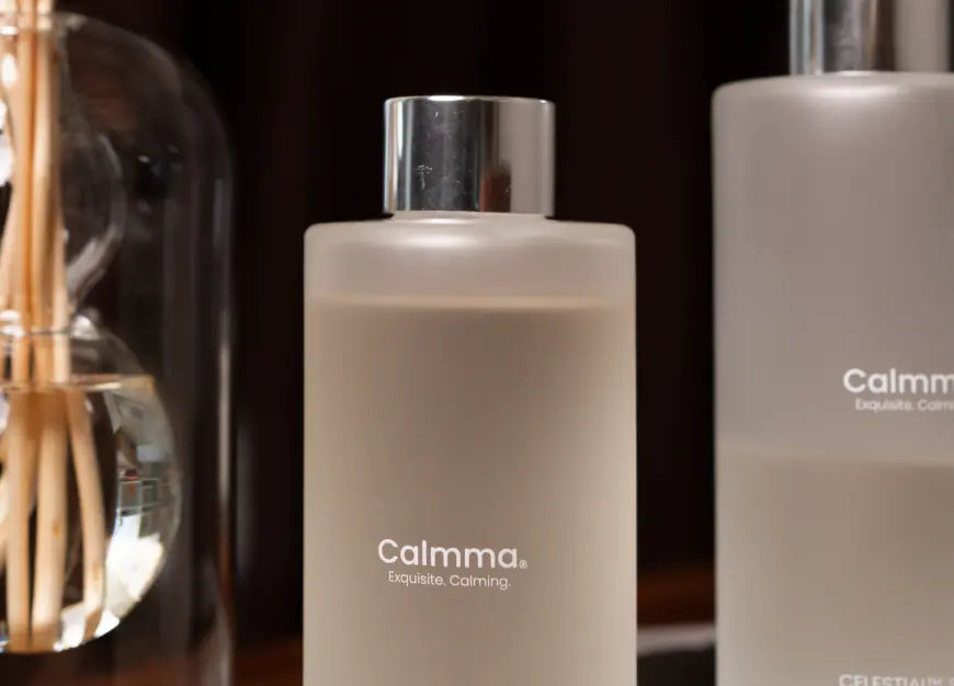 Minimalist frosted glass fragrance bottle from Calmma Glass Reed Diffuser, positioned beside the diffuser.