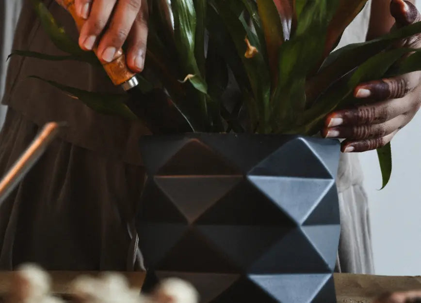 Person tending to a plant in the Diamond Ceramic Planter - black, highlighting its contemporary textured surface.