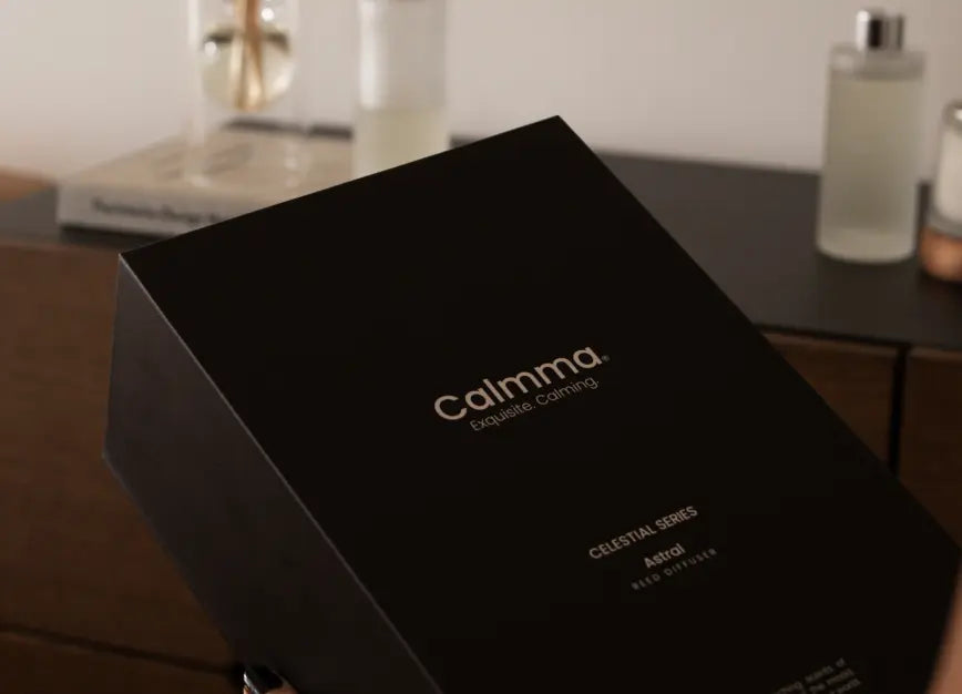 Elegant black Calmma packaging with white embossed lettering, labeled “Celestial Series Astral Reed Diffuser."