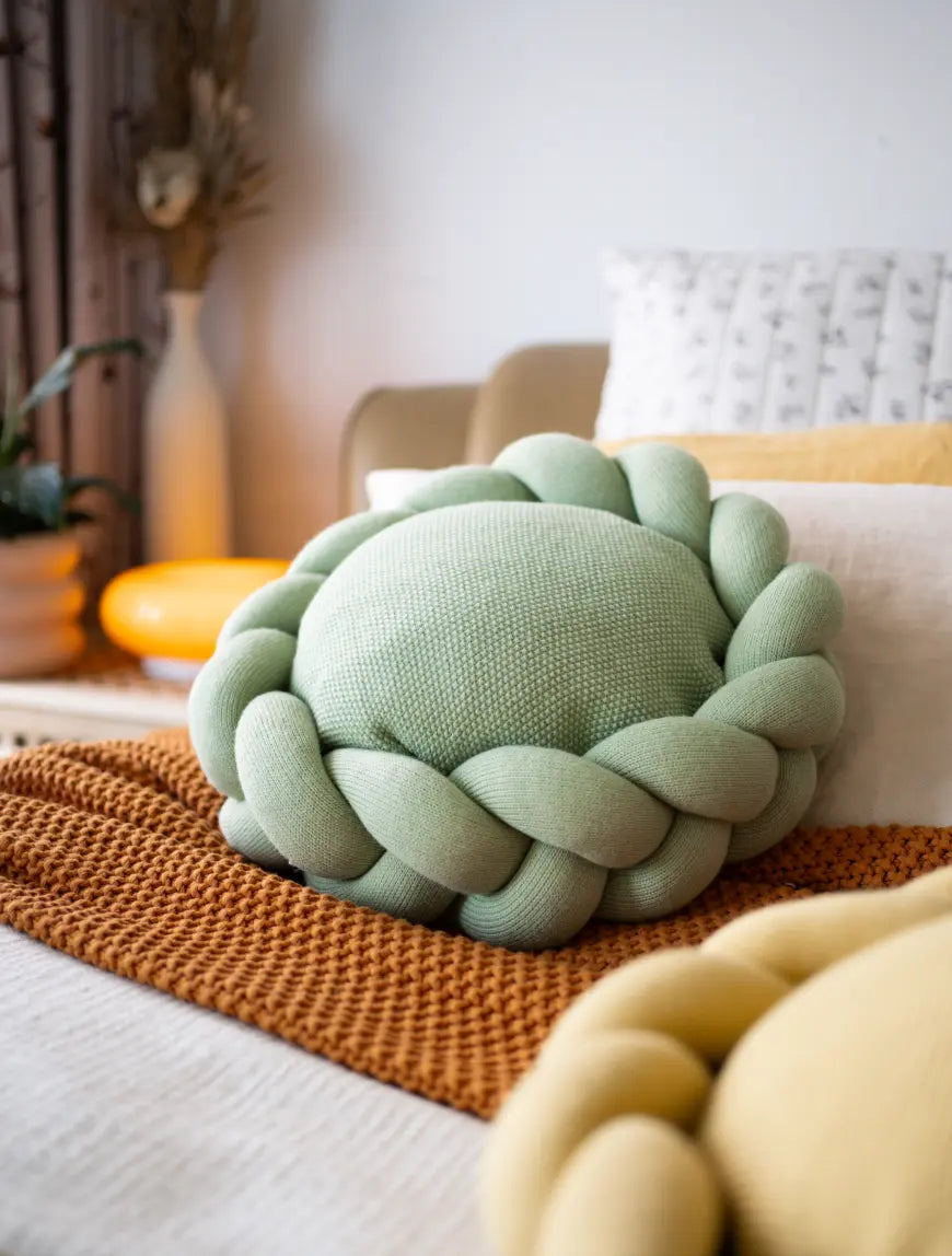 Light green Halo Nest Cushion styled on a bed, adding a soft, decorative touch to the setting.