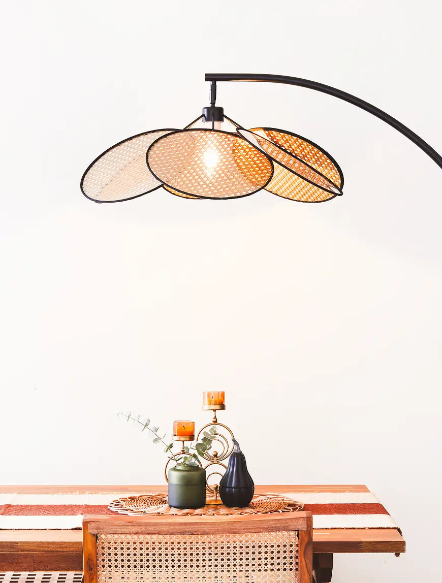 Hanai Floor Lamp illuminating a dining space with soft light, enhancing cozy ambiance.