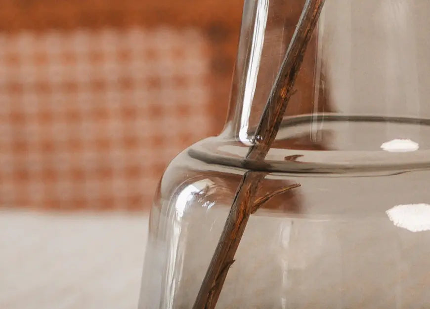 Close-up of the Pitcher Glass Vase - Medium Neck, highlighting its smooth glass finish and elegant curves.
