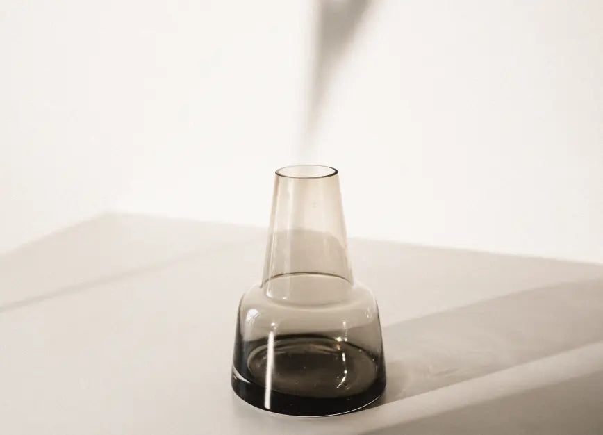 Minimalist Pitcher glass vase - medium neck in smoky black, casting a shadow on a neutral surface.