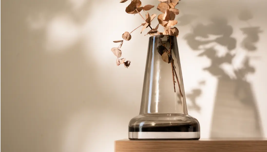 Pitcher Glass Vase - Long Neck with dried eucalyptus stems on a wooden shelf, reflecting soft sunlight.