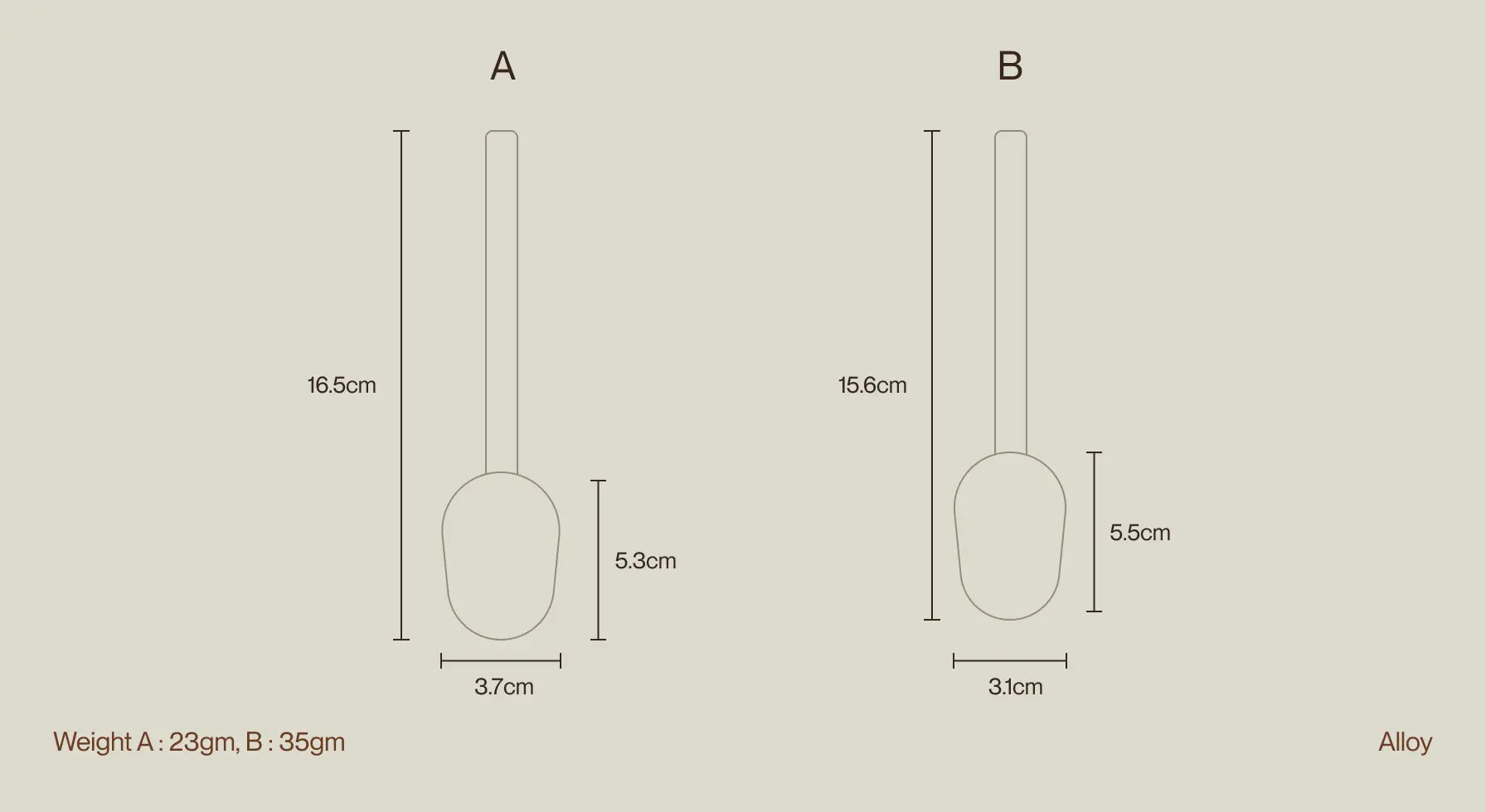 Size chart for Vintage Spoon A and B, showing dimensions and weight in a detailed schematic layout.