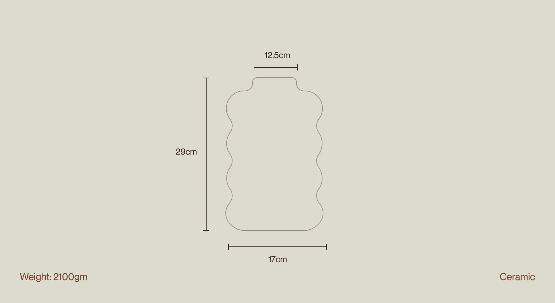 Size dimensions of the Orbit Ceramic Vase- Peach, highlighting its unique wavy design and ceramic material.