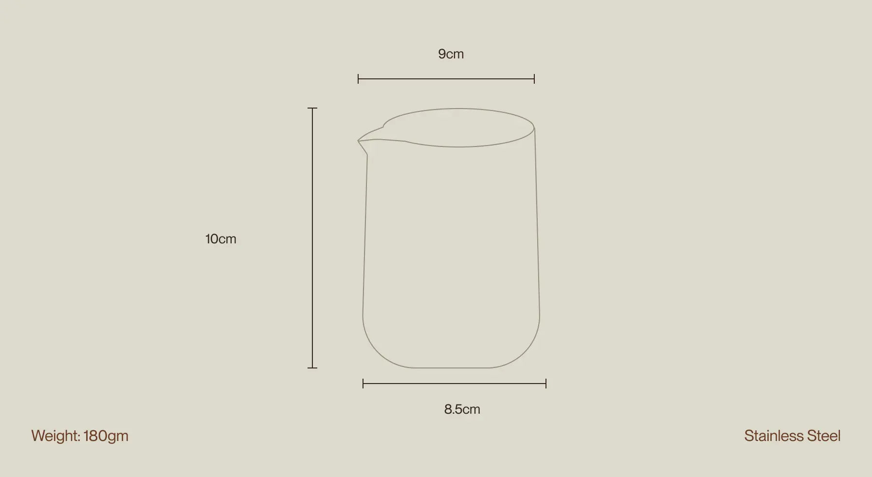 Technical diagram of the Brista Milk Pitcher, displaying dimensions, weight, and stainless steel construction.