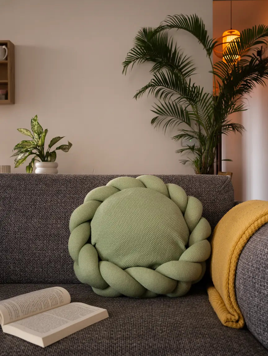 Halo Nest Cushion Green styled on grey sofa with yellow throw and indoor plants