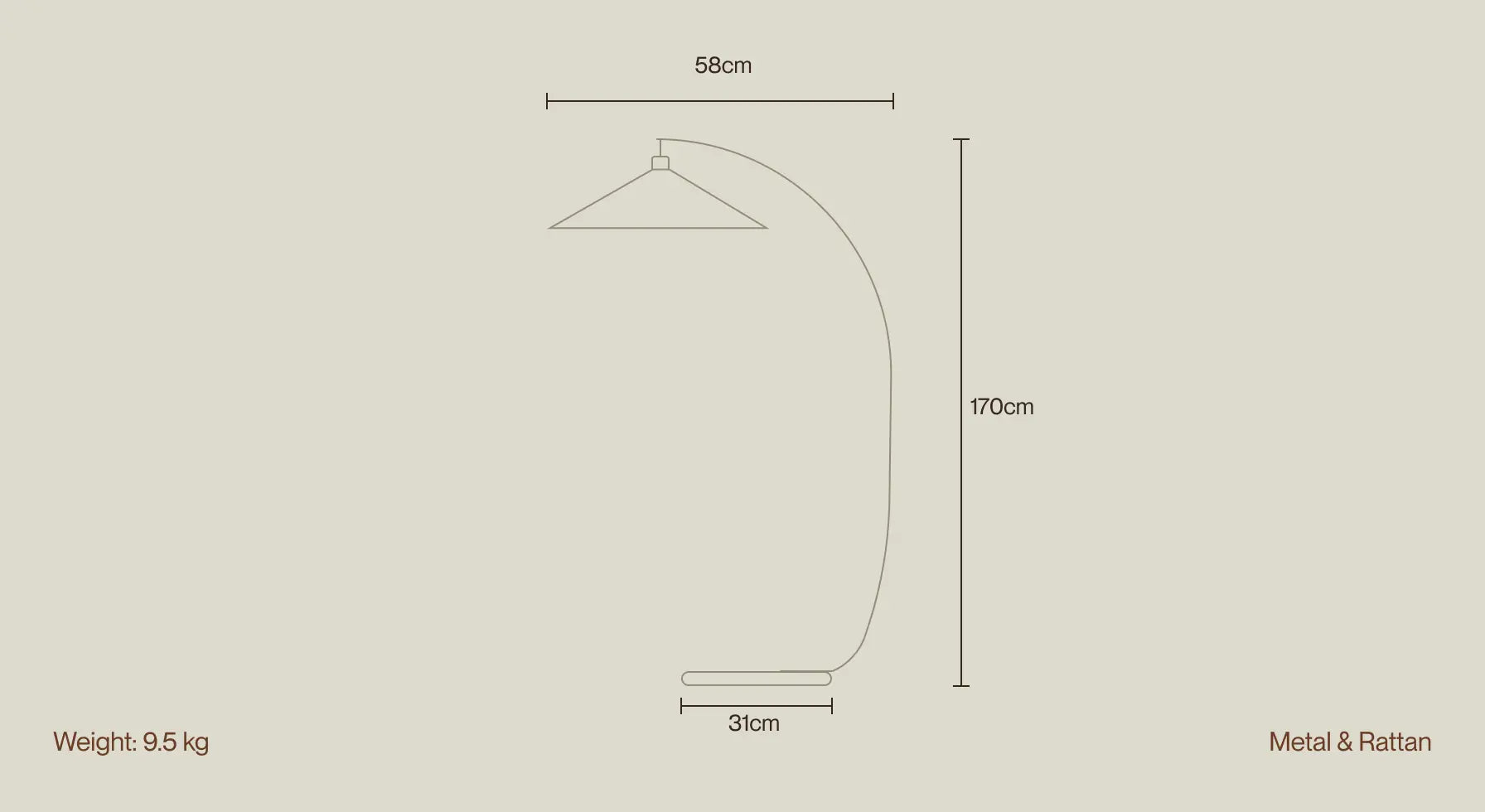 Hanai Floor Lamp dimension diagram with 170cm height, 58cm diameter, and 9.5kg weight.