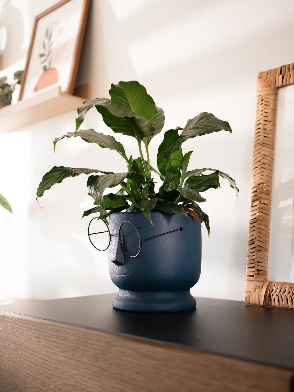 Small Jojo Ceramic Planter with a unique face design and round glasses, styled on a minimalist table.