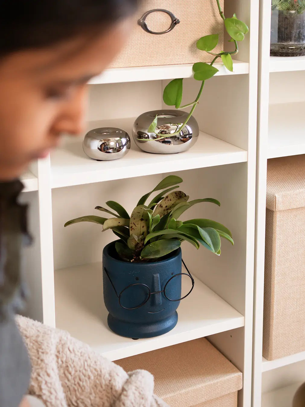 Jojo Ceramic Planter with lush green foliage, displayed on a shelf for a modern and artistic accent.