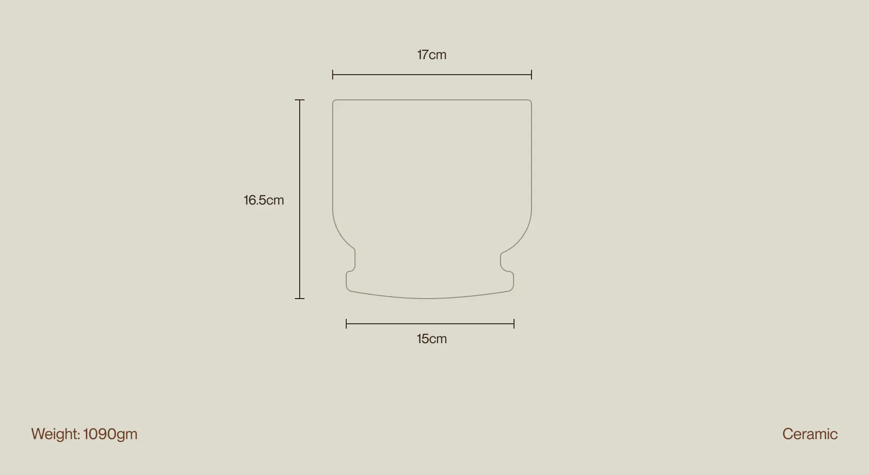 Jojo Ceramic Planter size dimensions—17cm width, 16.5cm height, and 15cm base width and weight 1090g, made of ceramic.