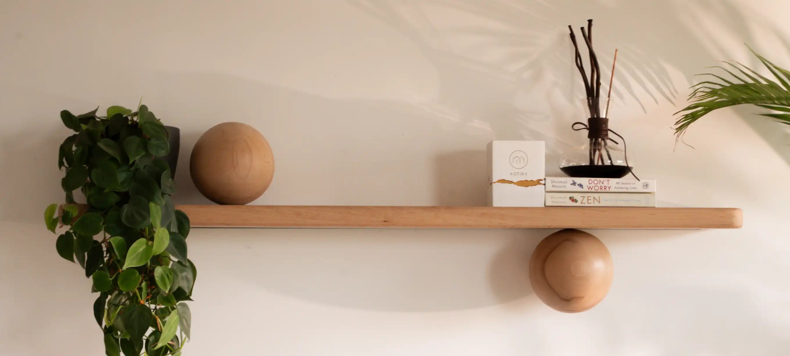 Wooden shelf with decorative items including a plant, wooden sphere, and books against a white wall.