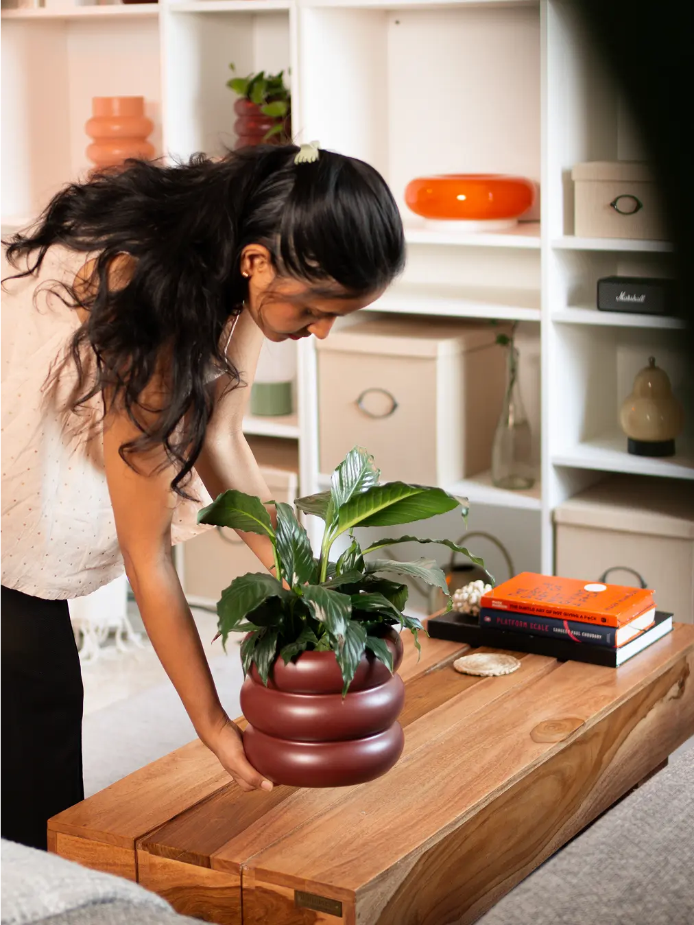 Woman placing the Orbit Ceramic Planter - Maroon on a coffee table.