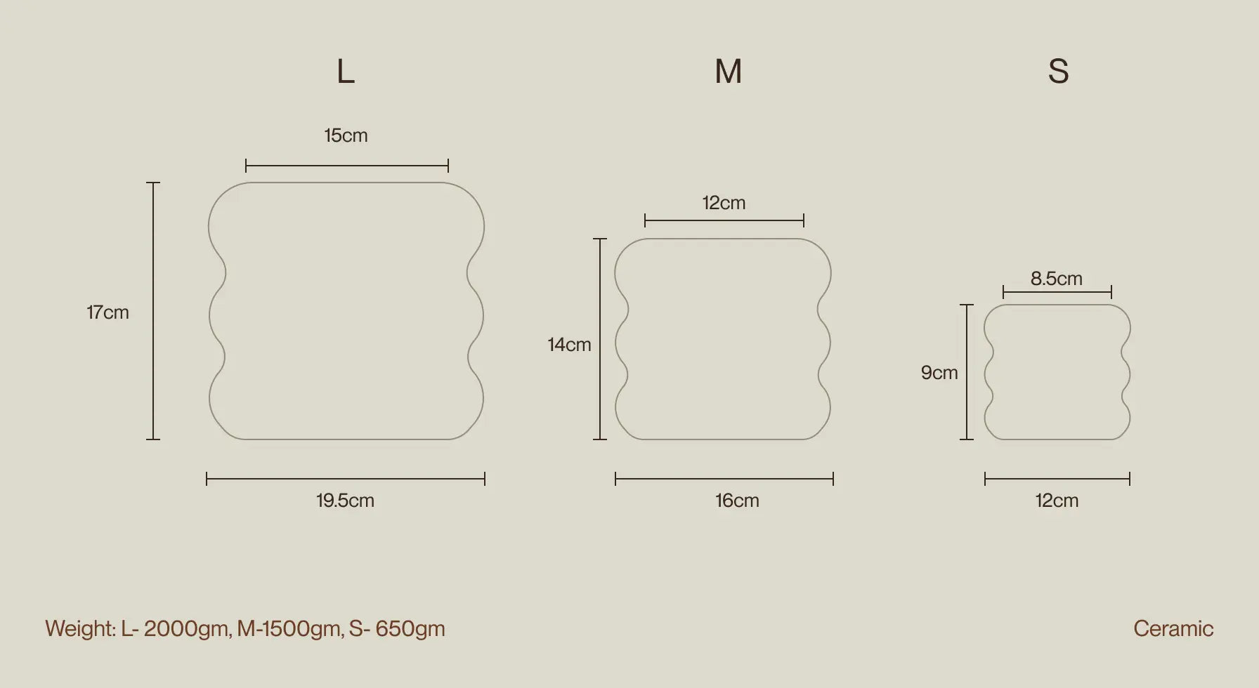 Size chart of the Orbit Ceramic Planter - Maroon, displaying dimensions and weight for different sizes.