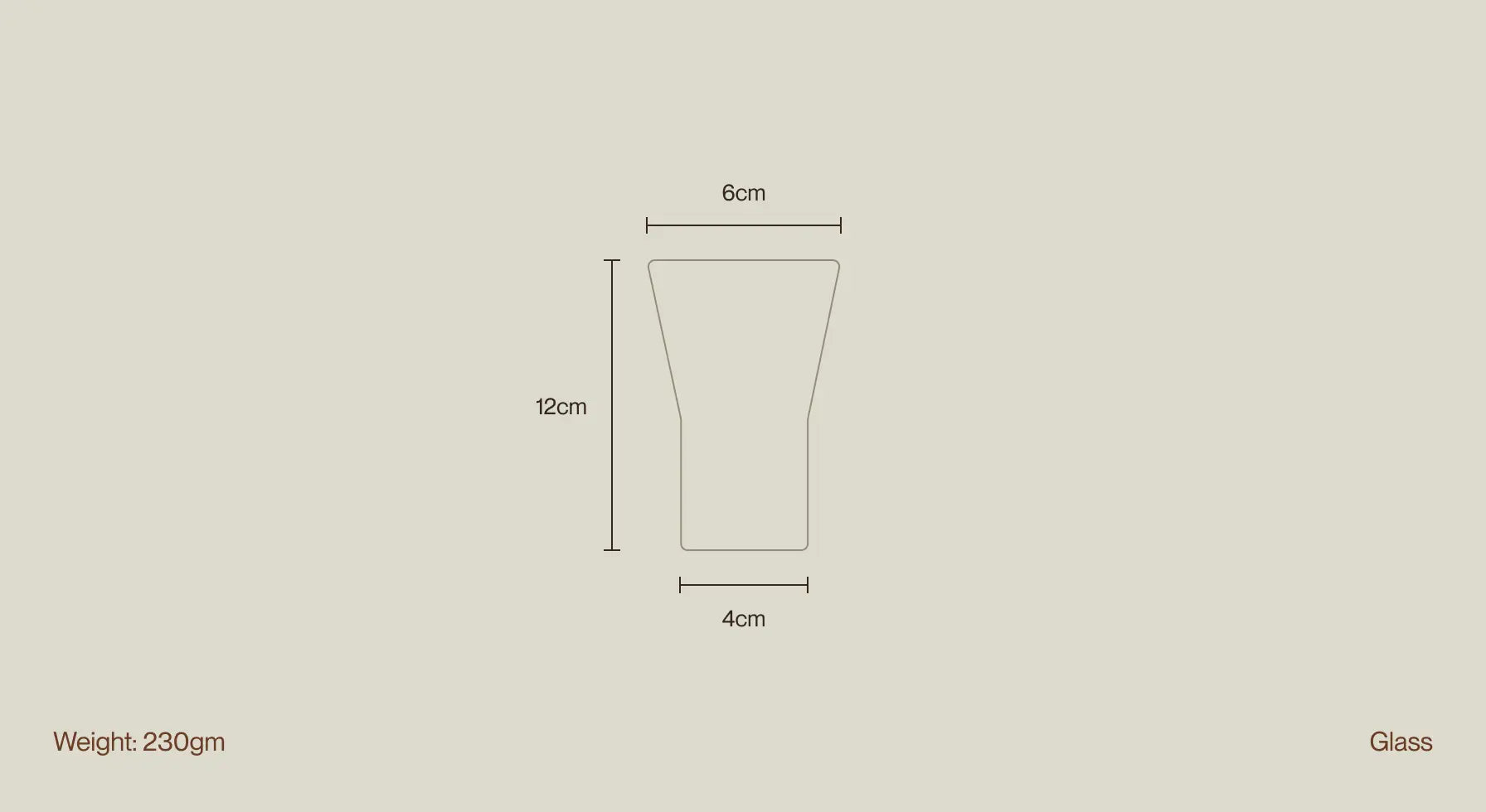 Orion Glass dimensions illustration showcasing its 12cm height, 6cm top diameter, 4cm base, 230g weight