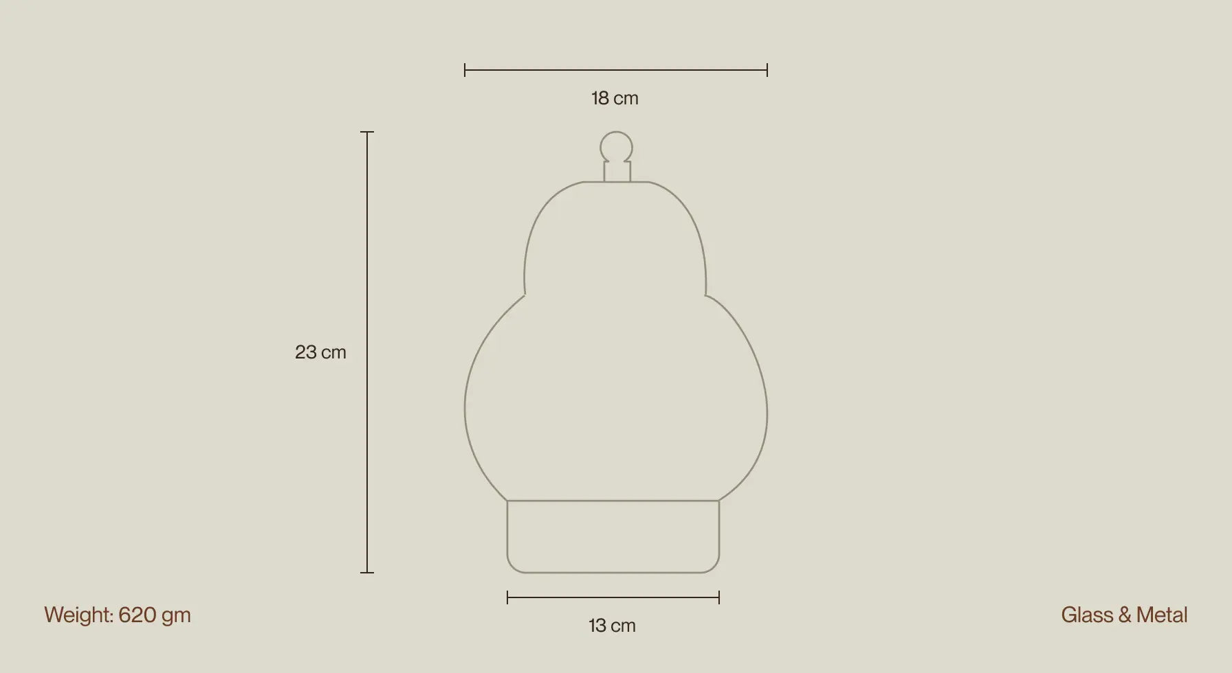 Pear Table Lamp dimension diagram showing 23 cm height, 18 cm width, 620g weight, and glass-metal construction