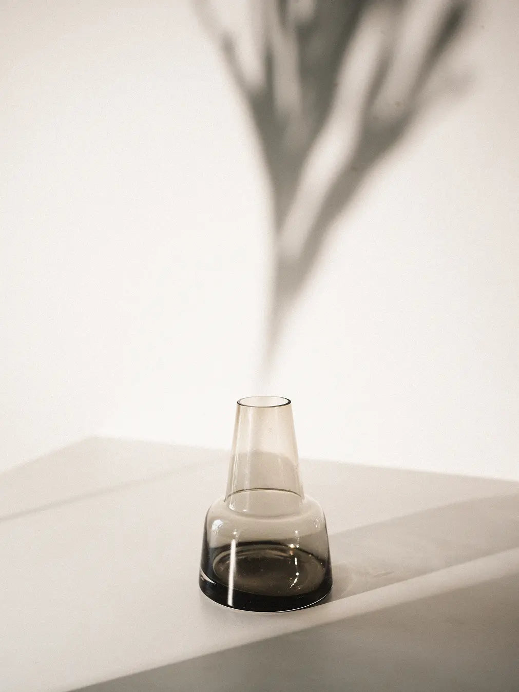 Minimalist Pitcher glass vase- medium neck with a smoky tint, casting a soft shadow on a white surface.
