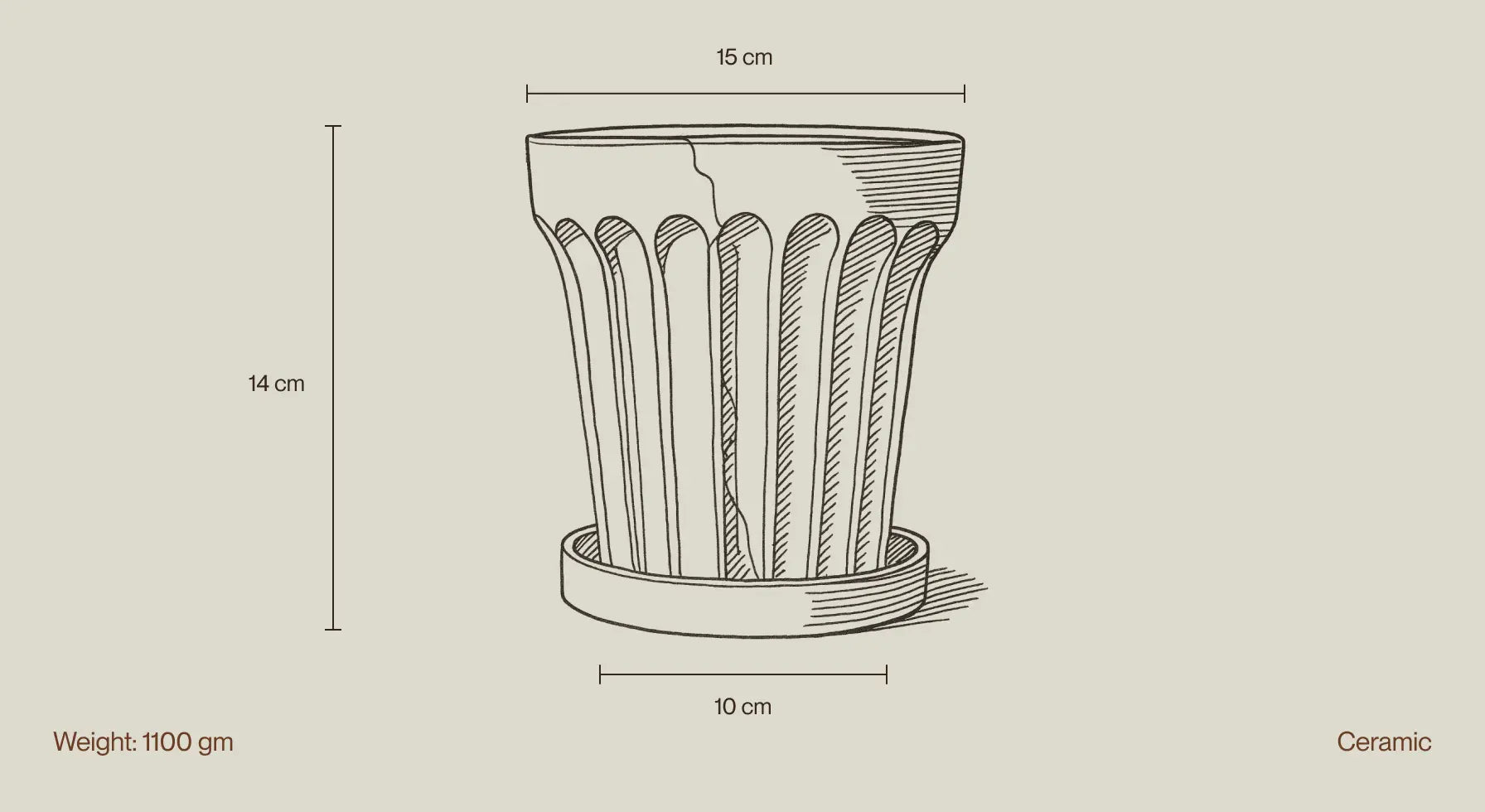 Technical sketch showing Raya Ceramic Planter dimensions and material details.