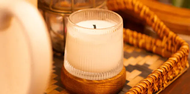 Review on White scented candle in ribbed glass jar with wooden base – elegant home fragrance accent