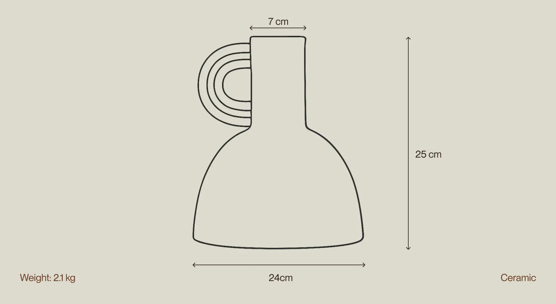 Ceramic vase with dimensions and weight on a beige background