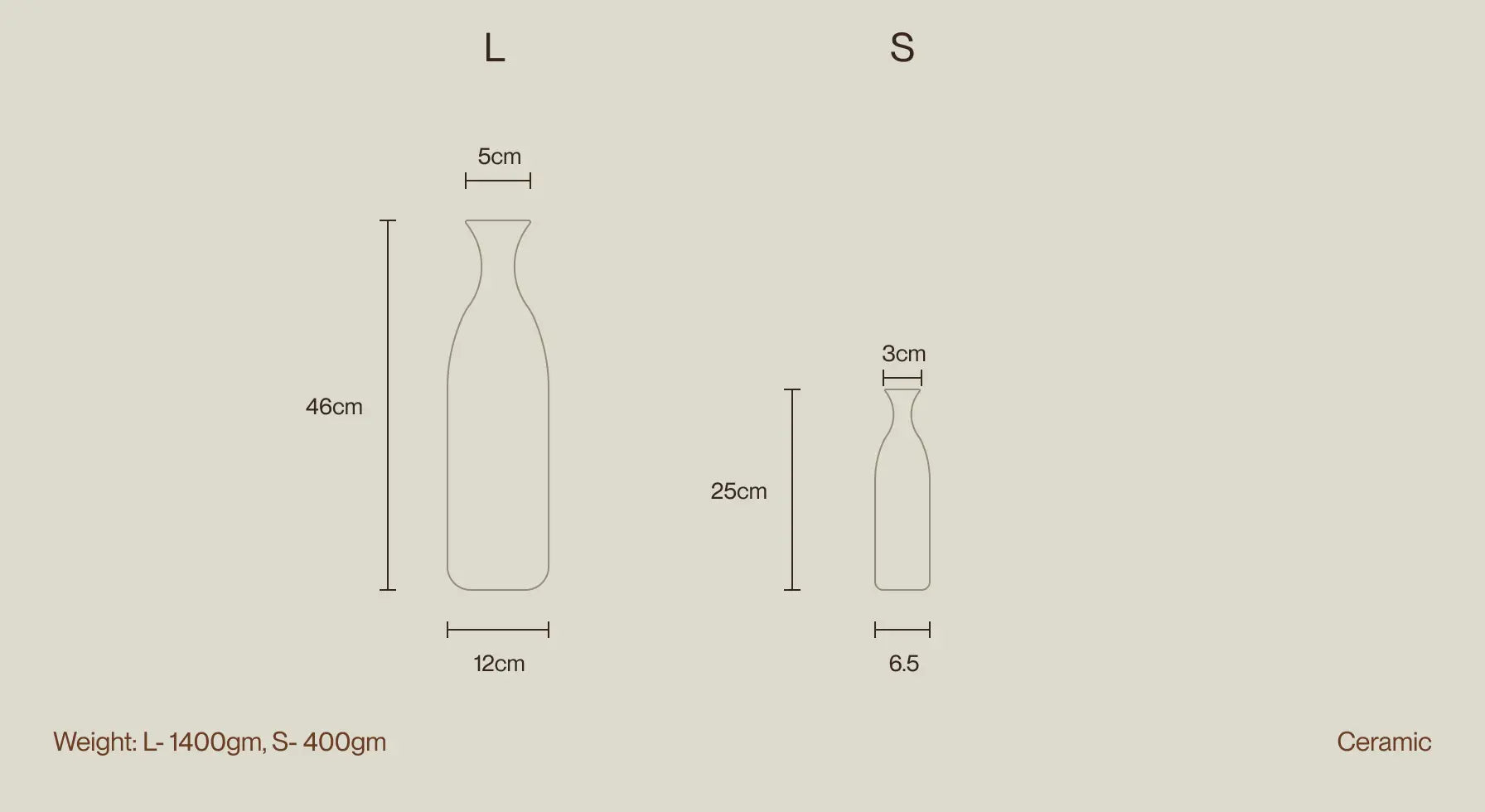 Size chart for Contour Ceramic Vase, displaying dimensions and weight for large and small variants.