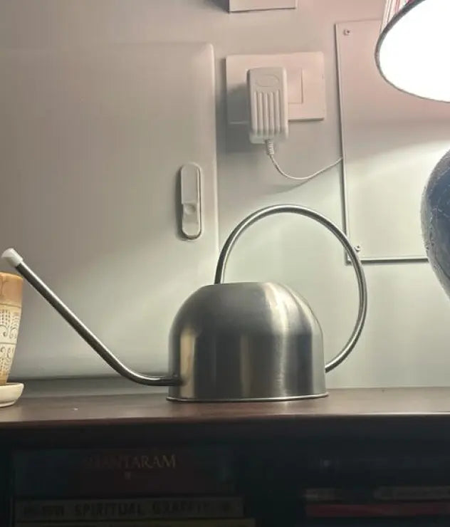 Stainless steel watering can on a wooden surface with a blurred background