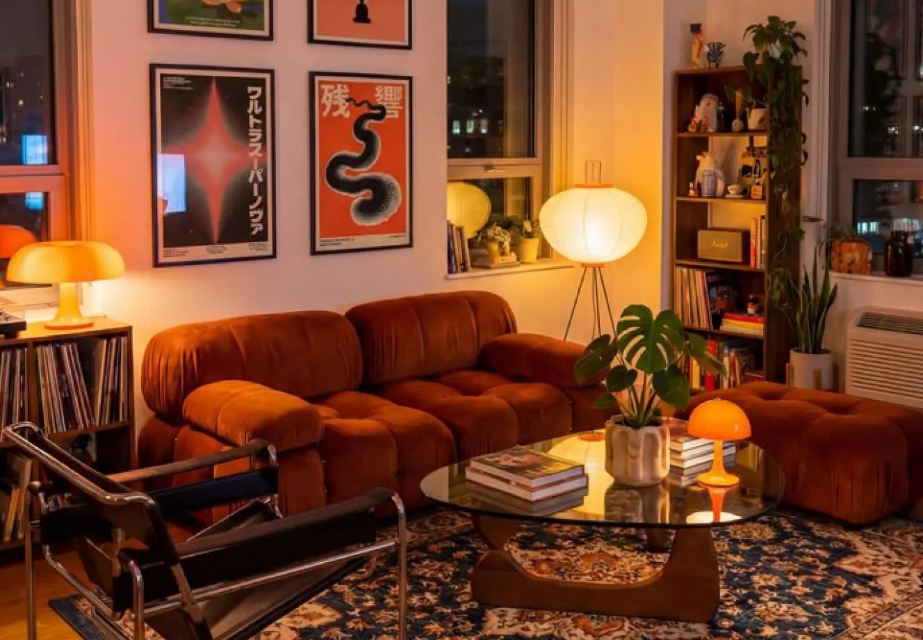 Beautiful cozy living room with warm lamps, plants, and inviting seating area