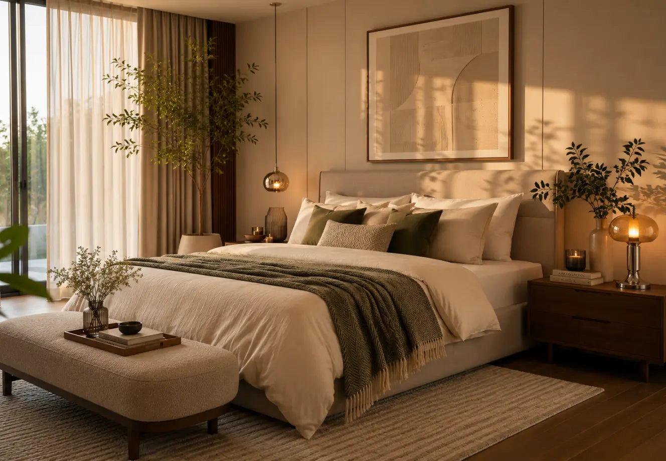 Modern luxury bedroom with warm lighting and layered neutral bedding  Bedside Styling Image