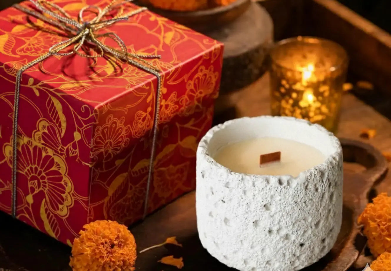 Premium Diwali gift box with scented concrete candle, perfect for corporate gifting.