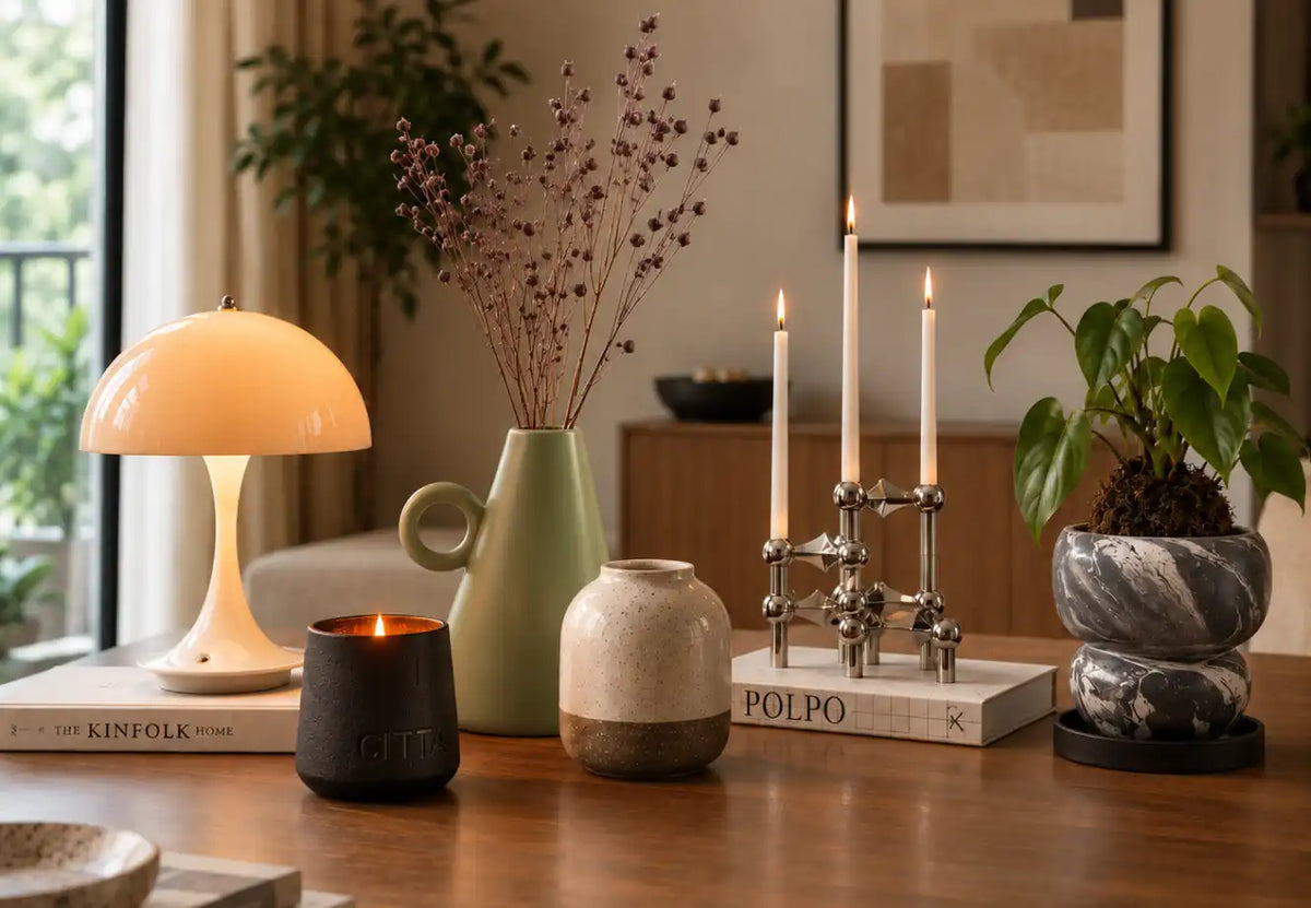 Modern table lamp, sculptural vase and decorative accessories styled as thoughtful housewarming gifts for a contemporary living room.