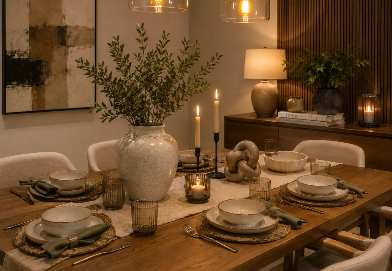 Modern dining table decor ideas with ceramic vase, candles and greenery