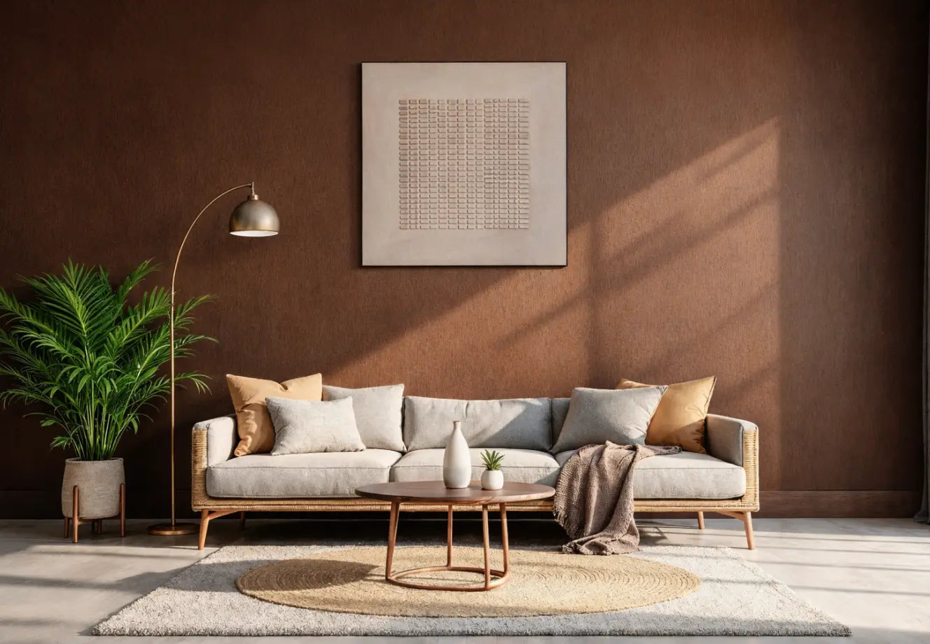 Earthy brown living room styled with soft textures and warm modern decor.